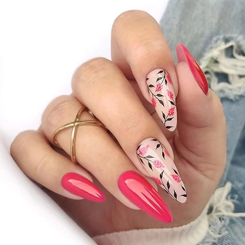 Glossy Rose Red Almond Press On Nails Floral Pattern Elegant Artificial False Finger Nails Sweet Style For Women