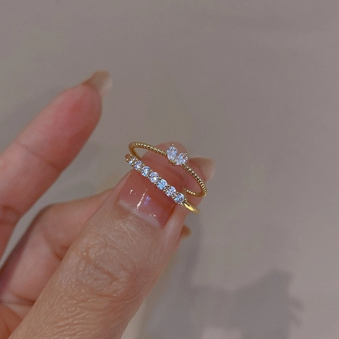 Anello Zircone Cuore E Anello Diamante In Fila Per Donne Rame Placcato Oro Anelli Aperti Regolabili Gioielli Stile Coreano