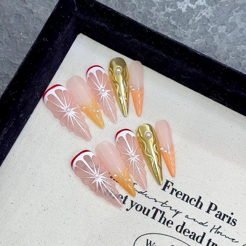 Handgefertigt 3D Orange Frucht Süße Nagel-Tips Mit Künstlicher Perle Langes Stiletto Sommer Blush Nagel Falsche Nägel