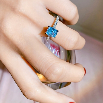 Elegant Square Blue Zirconia Open Ring For Women Copper Silver Plated Adjustable Minimalist Geometric Finger Ring Fashion Jewelry Gift