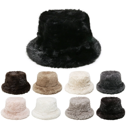 Women Winter Faux Fur Bucket Hat Thickened Warm Fleece Lining Windproof Fisherman Hat Solid Color Outdoor Casual Hat