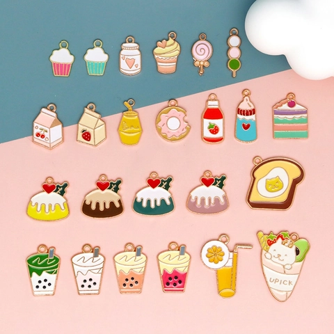 Alloy Enamel Food Charms Cartoon Dessert Cupcake Milk Tea Donut For DIY Jewelry Making Crafting Pendants