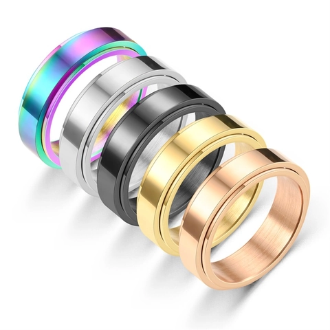 Titanium Steel Spinner Ring For Women Men Rotatable Anxiety Relief Rhinestone Inlaid Brushed Band Geometric Jewelry