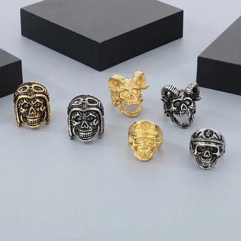 Vintage Punk Totenkopf Ring Edelstahl Ziegenhorn Fliegerbrille Militär Offizier Hut Gothic Biker Schmuck Für Männer