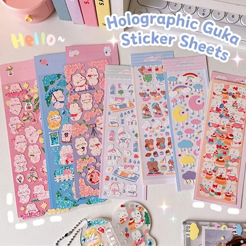 Cartoon Animal Stickers Laser PET Waterproof Self Adhesive For DIY Journal Scrapbook Cute Bear Rabbit Decoration Kids Girls