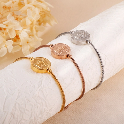Pulsera De Medallón De Moneda De Cabeza Romana Acero Inoxidable 316L Cadena De Serpiente Bolo Ajustable Joyería Elegante