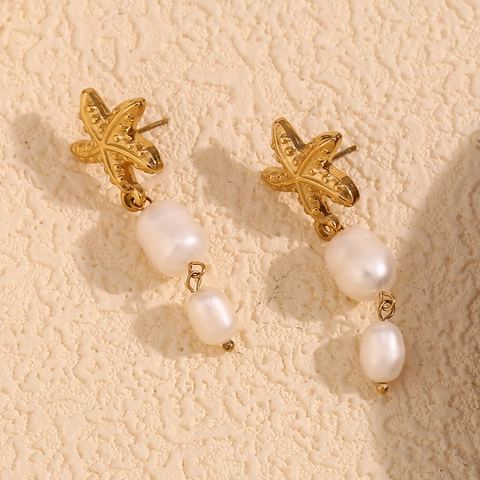 Pendientes Colgantes De Estrella De Mar Acero Inoxidable Chapado En Oro 18K Perla Barroca Artificial Estilo Océano Vintage Mujer
