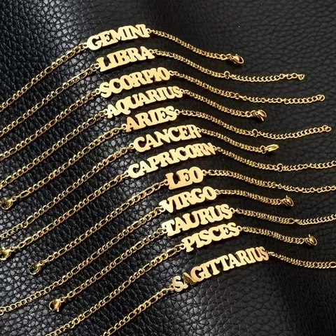 Edelstahl Sternzeichen Buchstaben Armband Figaro Kette Fußkettchen Alphabet Schmuck Für Damen