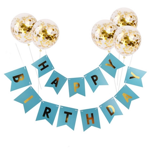 Happy Birthday Party Decoration Paper Bronzing Banner And Sequin Latex Balloons Kids Birthday Celebration Gold Glitter