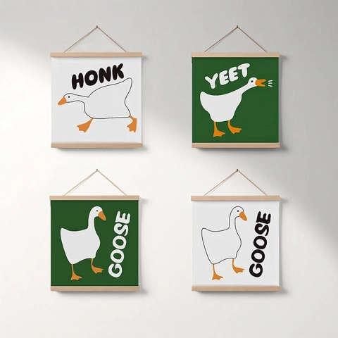 Goose Cartoon Scroll Wall Hanging Decorative Canvas Art Wood Frame Funny Animal Poster For Bedroom Living Room