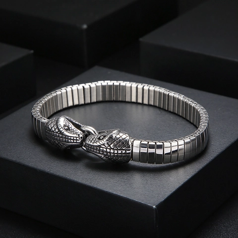 Bracelet Tête De Serpent Double Homme Acier 316L Vintage Punk Style Bracelet De Montre Flexible Bijoux Accessoire