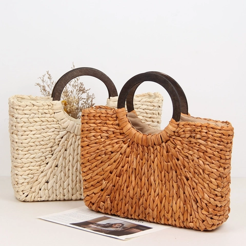 Handgemaakte Geweven Strooien Handtas Met Ronde Houten Handgreep Strandvakantie Grote Capaciteit Casual Mori Stijl Tas Voor Dames