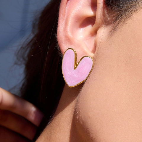 Boucles d'Oreilles Clous Pendantes en Acier Inoxydable en Forme de Cœur pour Femmes Plaquées Or Rouge Rose Émail Künstliche Perle Zircone Bijoux Cadeau de Saint Valentin
