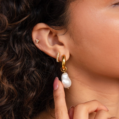 Artificial Baroque Pearl Hoop Earrings And Zircon Inlaid Ear Hoops Gold Plated Stainless Steel With 925 Sterling Silver Earring Post