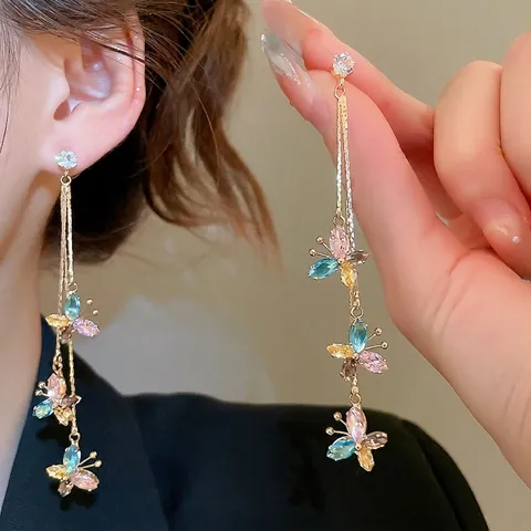 Pendientes De Mariposa Con Borla Circonita Colores Estilo Retro Mujer Con Poste De Plata De Ley 925