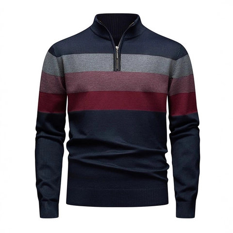 Herren Pullover Halbreißverschluss Stehkragen Farbblock Gestreift Strickware Langarm Lässig Slim Fit Oberteile