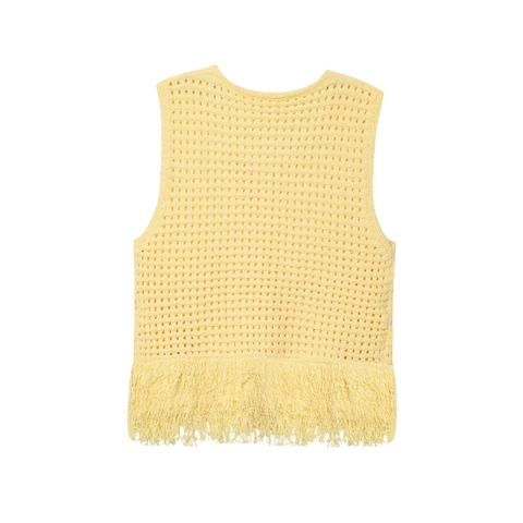 Women Casual Crochet Knit Vest Hollow Out Yellow Sleeveless Top With Tassel Fringe Boho Vacation Beachwear Outerwear