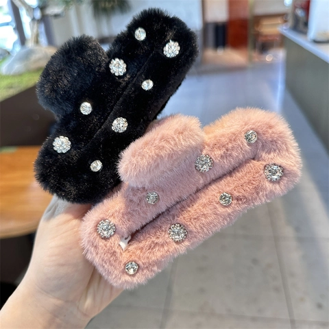 Korean Autumn Winter Plush Square Hair Claw Soft Fluffy Shark Clip With Elegant Rhinestone Decoration Casual Elegant Hair Accessories For Women