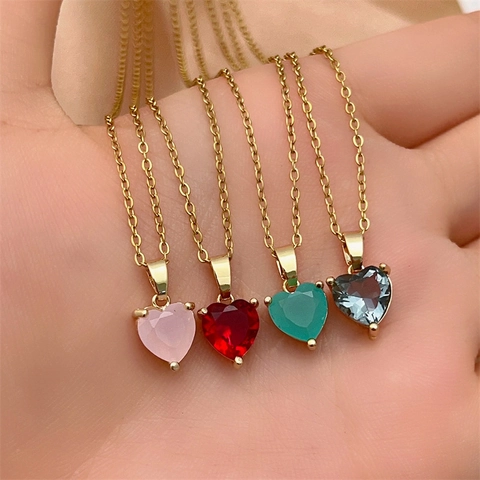 Collana Con Pendente A Cuore Lega Placcata In Oro Zircone Colorato Stile Pietra Portafortuna Gioielli Di Moda Per Donna