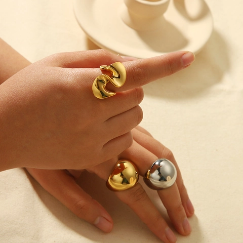 Stainless Steel Rings 18K Gold Plated Geometric Dome Irregular Wave Chunky Polished Fashion Jewelry For Women