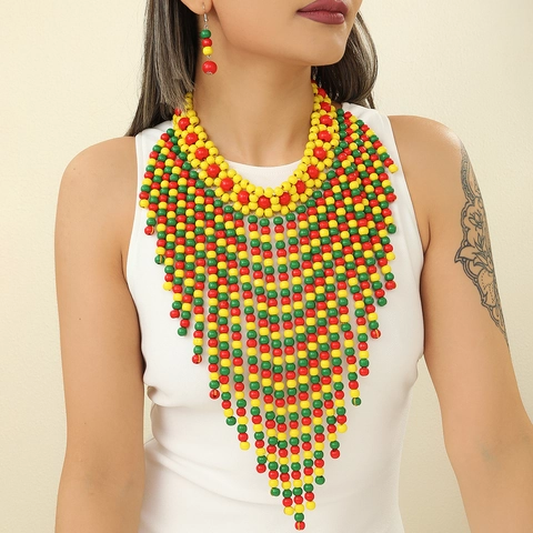 Afrikanische Ethnische Holzperlen Halskette Ohrringe Stammes Mehrlagige Fransen Statement Schmuck Für Damen Bohemian Übergroße Festival