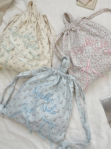 Floral Print Kordelzug Rucksack Polyester Stickerei Bogen Dekor Vintage Cottagecore Stil Für Frauen