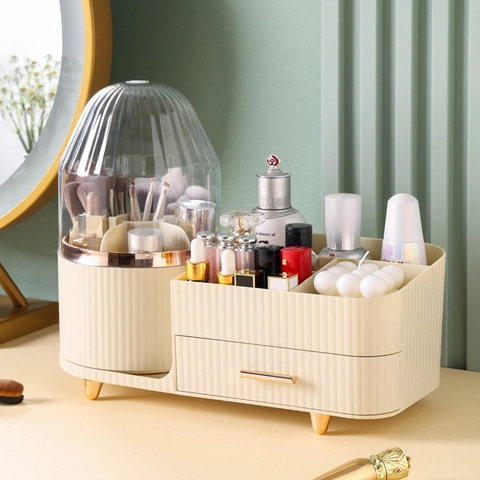 Boîte Organisateur De Maquillage Avec Porte Pinceaux Rotatif Antipoussière Couvercle Transparent Rangement Cosmétique