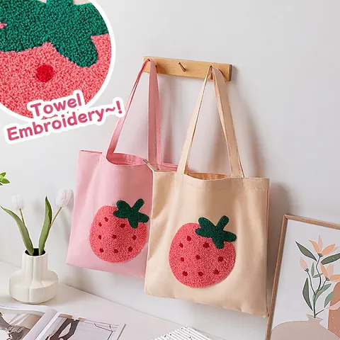 Cotton Canvas Tote Bag Strawberry Towel Embroidery Large Capacity Zippered Handbag Cute Vintage For Women Students