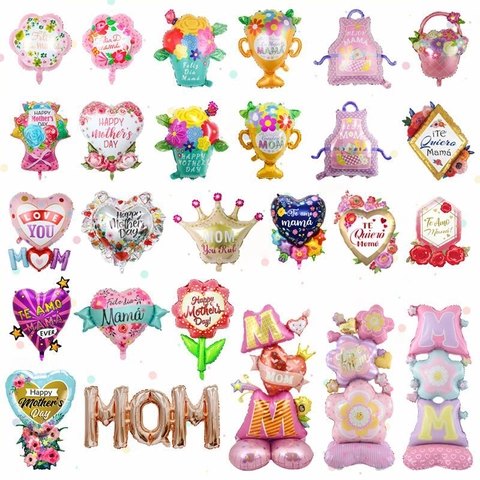 Mother's Day Foil Balloons Heart Flower Trophy Shape Spanish English Happy Mother's Day Party Decor For Mom