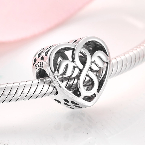 925 Sterling Silver Heart Charm Bead Hollow Wing For DIY Jewelry Bracelet Accessory Elegant Minimalist Style