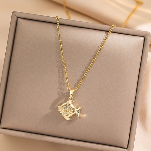 Fisch Anhänger Halskette Titanstahl Mit Strass Vergoldet Zierliche Schlüsselbein Kette Schmuck Für Frauen Geschenk