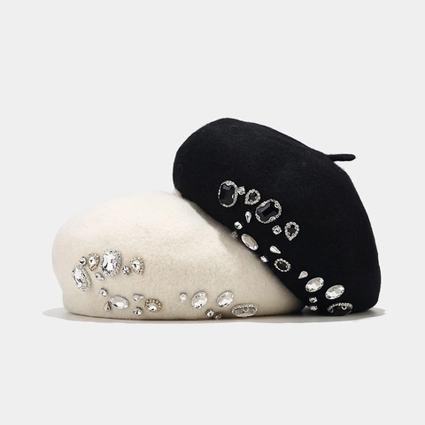 Wollen Baret Vintage Winter Warme Schilder Muts Elegant Strass Kristal Decor Modieuze Dames Accessoires