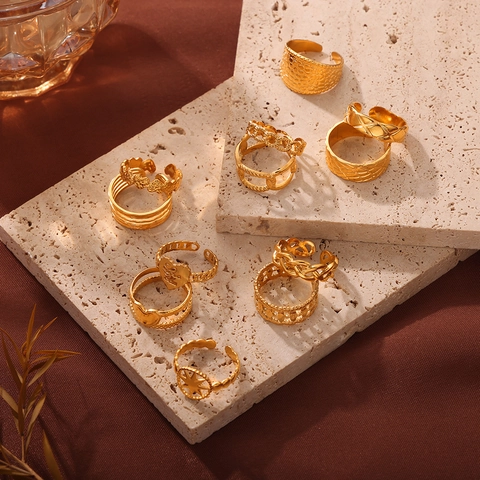 Ring Aus Titanstahl Vergoldet Offen Geometrisches Herz Stern Muster Minimalistischer Verstellbarer Fingerschmuck Damen