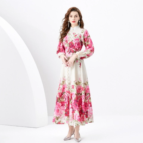 Abito Maxi Elegante Con Stampa Floreale Chiffon Collo Alto Manica Lunga Con Cintura Monopetto Stile Vacanza Vintage Donna