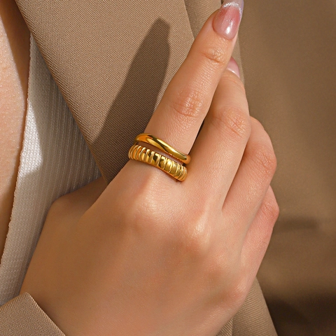Stainless Steel Double Layer Open Ring Ribbed Texture Smooth Adjustable French Vintage Minimalist Jewelry For Women
