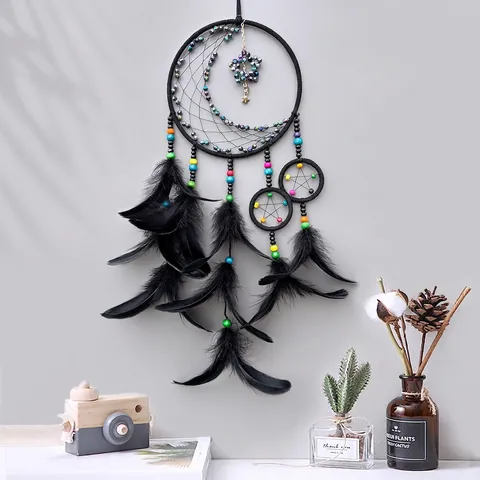 Dreamcatcher Wall Hanging Decor Black Feather Handmade Moon Star Charms Colorful Beads Boho Mysterious Bedroom Ornament