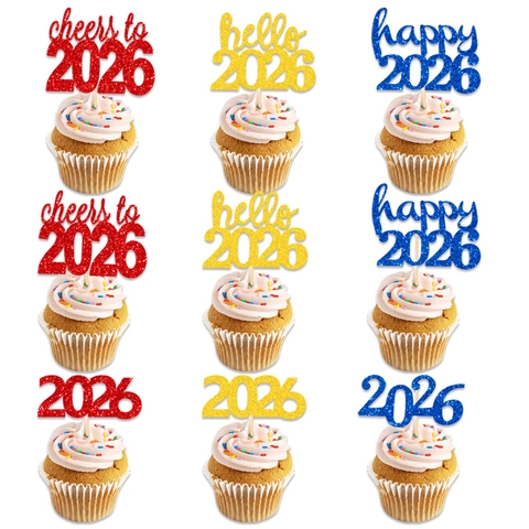 2026 New Year Cupcake Toppers Glitter Paper Cake Decorations For Happy New Year Party Sparkling Festive Dessert Decors