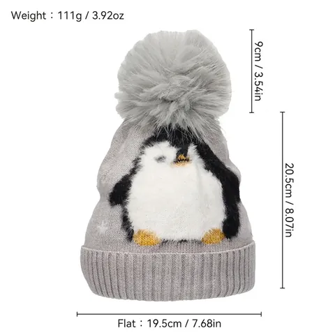 Kids Winter Knit Hat With Penguin Pattern Faux Fur Pom Pom Fleece Lined Warm Beanie For Toddler Boys Girls