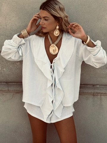 Women Cotton Ruffle Tie Front Long Sleeve Shirt And Shorts Casual Vacation Solid Color Outfits