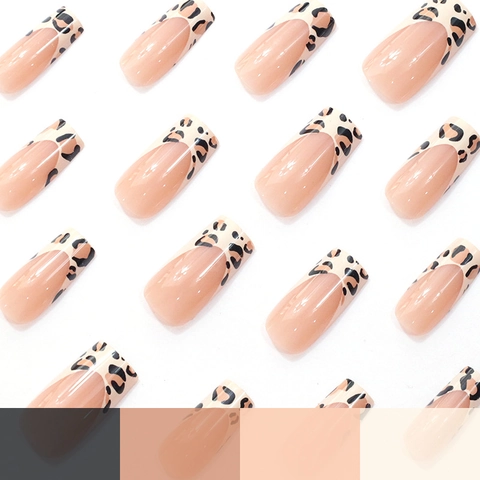 Press On Nails ABS Long Square French Leopard Print Design Mit Rosa 3D Schleife Sexy Fashion Glänzende Künstliche Nägel