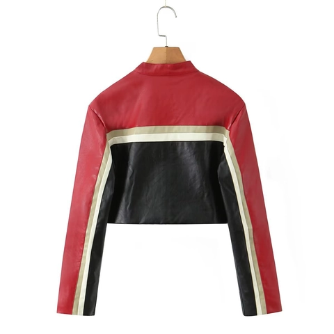 Giacca da Motociclista da Donna in Pelle PU Color Block Collo Rialzato Corta in Ecopelle Giubbotto Moto con Borchie e Cerniera