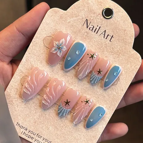 Press On Nails 3D Relief Flower Seashell Starfish French Almond Shape Pink Blue Gradient Elegant Sweet Fashion Accessory