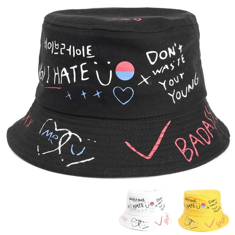 Cappello Alla Pescatora In Cotone Con Stampa Graffiti Streetwear Protezione Solare All Aperto Moda Cuore Smiley