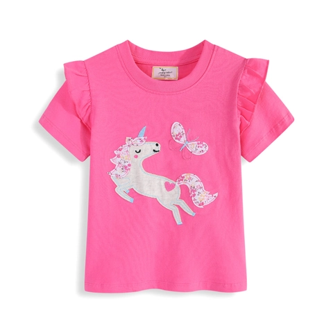 Toddler Girls 100% Cotton Short Sleeve T-Shirt With Unicorn Butterfly Applique Embroidery Ruffle Sleeve Summer Casual Top
