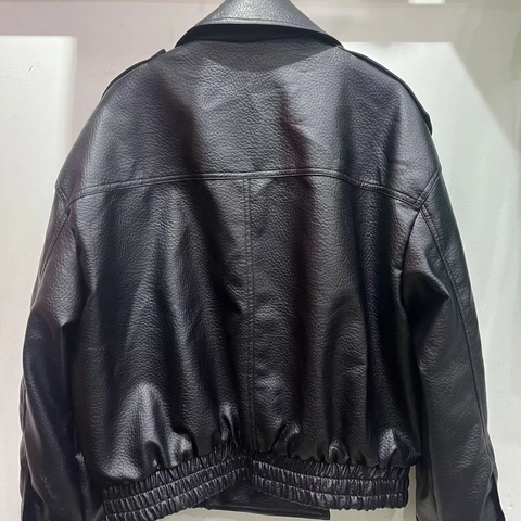 Women Faux Leather Motorcycle Jacket Litchi Grain Dropped Shoulder Lapel Zipper Loose Biker Outerwear Short Coats
