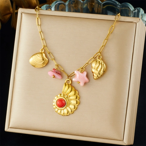 Collana Con Ciondolo Conchiglia Stella Marina Acciaio Inossidabile Placcato Oro Con Pietra Rossa Gioielli Spiaggia Estate Donna