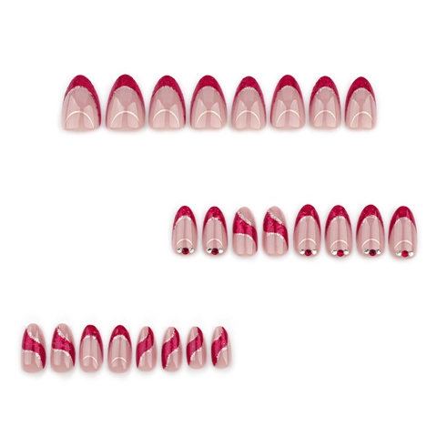 Unghie Finte Press On Forma Mandorla French Rosso Glitter Lustrini Strass Lucido Elegante Accessorio Manicure