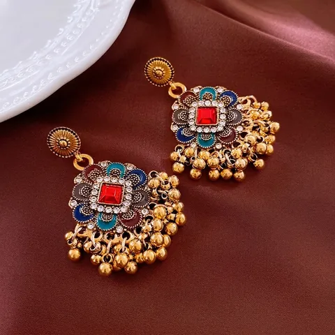 Vintage Bohemian Tassel Drop Earrings Alloy Flower Enamel Red Rhinestone Ethnic Jewelry For Women With Steel Earring Post