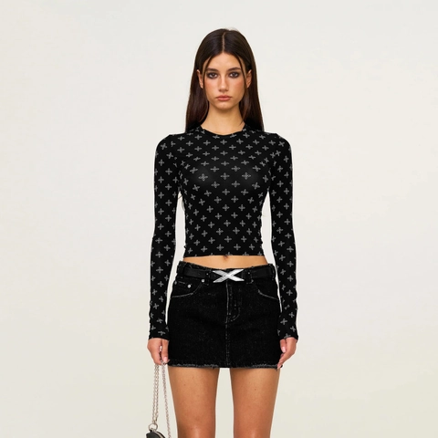 Women Slim Fit Long Sleeve Crop Top Round Neck Elastic Nylon Spandex Cross Print Hand Drawn Garden Style T-Shirt