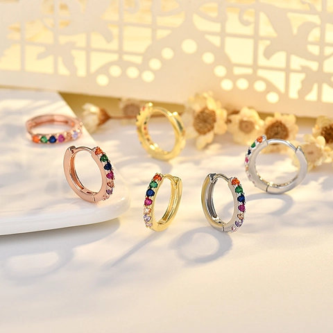 Rainbow Rainbow Zirconia Hoop Earrings 925 Sterling Silver Post Copper Real Gold Plated Huggie Hoop Earrings For Women Fashion Jewelry